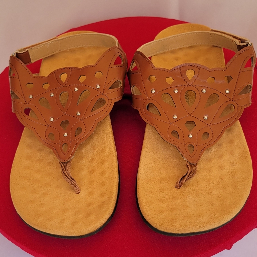 ATHLEFIT Women's Comfort Sandals Size 9 Brown Cutout Slingback Thong Flat Casual